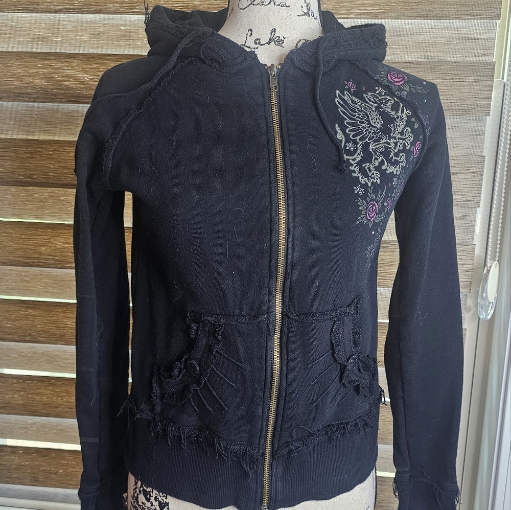 Hard Rock Cafe New York skeleton zip-up hoodie black purple distressed jacket - Picture 10 of 11